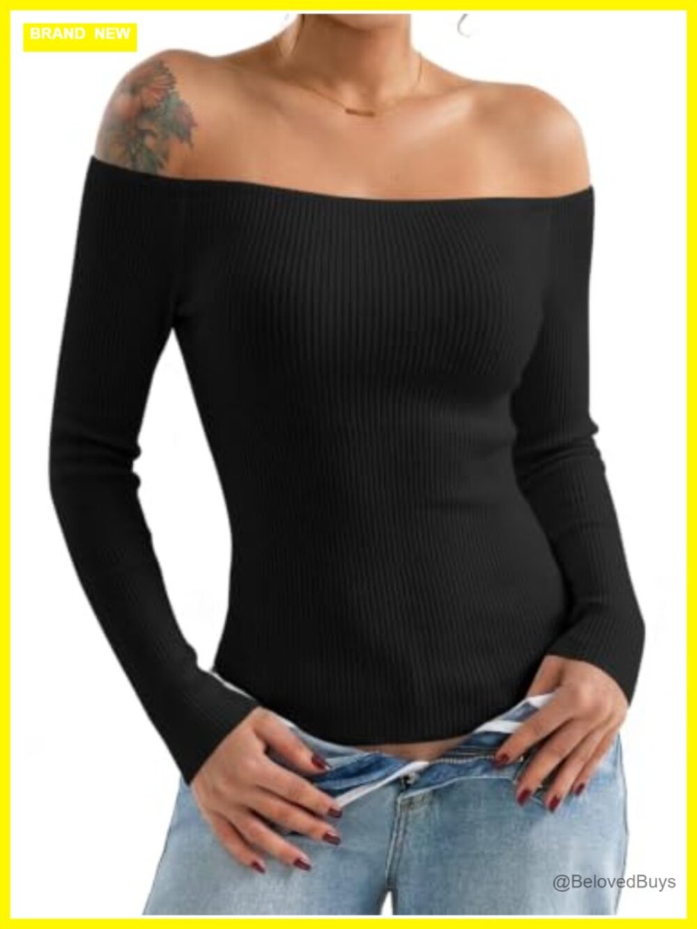 Women's Ribbed Knit Off Shoulder Long Sleeve Slim Fit Crop Top Y2K Going Out